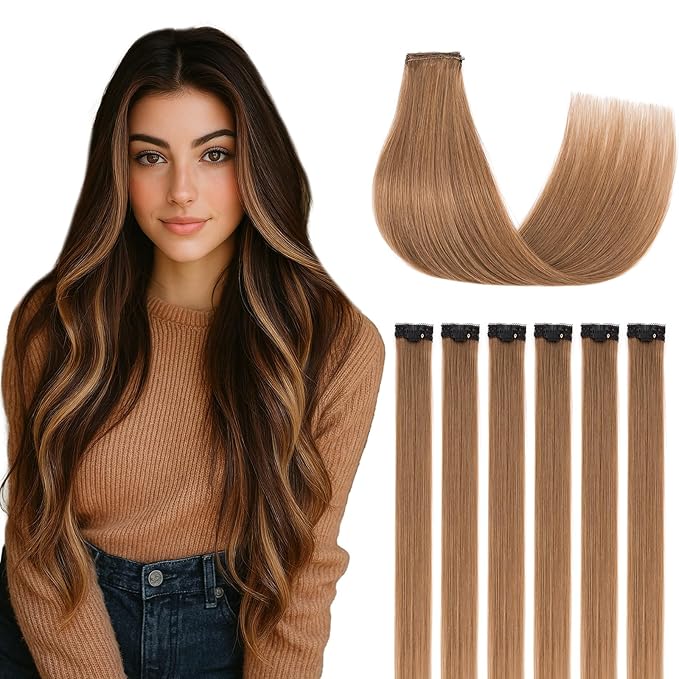 Clip in Hair Extensions Real Human Hair for Women, 16 Inch 40g 6pcs, Light Brown, Straight - Highlight, Add Volume and Length for Daily Wear, Parties, Weddings