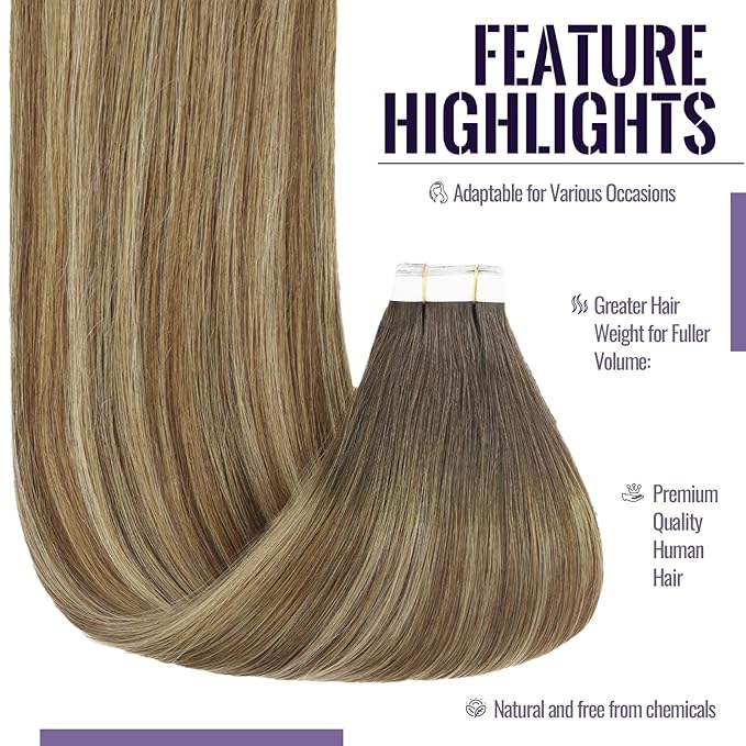 Fshine Human Hair Balayage Tape in Hair Extensions Brunette to Medium Brown and Caramel Blonde Ombre Extensions Adhensive 20 Inch 20 pcs 50 g,for Moms & Busy Moms