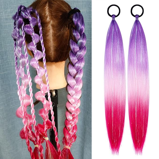 Colored Hair Extensions for Braids Ombre Ponytail Extension Colorful 2 Packs, 20 inch Crazy Hair Day Accessories for Women, DIY Festival Wacky Rave Braids,Tinsel Mixed