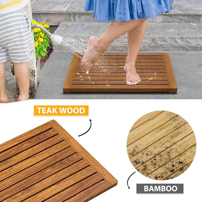 Teak Shower Mat, 24"x18" Wood Non-Slip Bathroom Teak Bath Mats for Bathroom, Wooden Floor Mat Bathroom Mat for Inside, Outdoor or Spa(Medium)