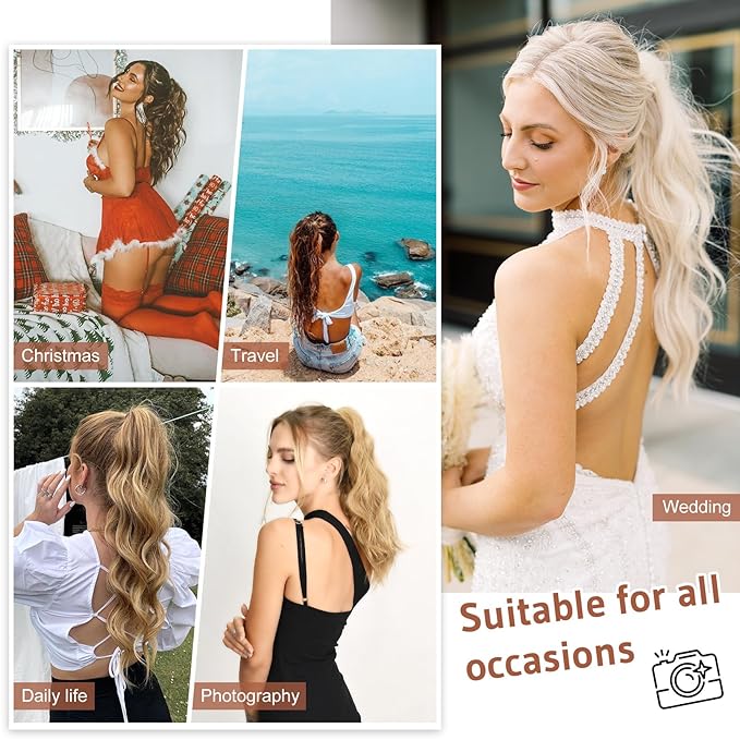FLUFYMOOZ Ponytail Extension, 18 Inch Claw Clip Ponytail Extension, Wavy Curly Claw Clip in Ponytail Hair Extensions, Natural Ponytail Synthetic Hairpiece for Women (Ash Brown with Blonde Highlights)