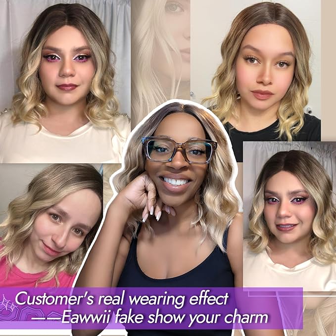 Brown to Blonde Short Wavy Wig for Women Lace Hairline Bob Style Synthetic Heat Resistant - Natural Appearance for Everyday Hairstyle 14 Inch