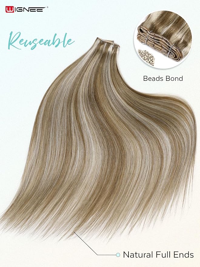 WIGNEE 22 Inch OVO Hand-Tied Weft Double Layered Real Remy Human Hair Blonde Ombre Seamless Glueless Extensions with Micro Beads Luxury Match for Blended Blonde Highlights Hair Extensions (9A/60)