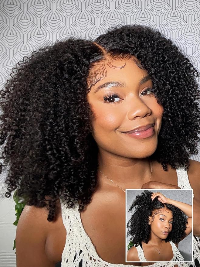 ORIGINAL QUEEN Kinky Curly Lace Front Wigs Human Hair 200 Density 13x6 Lace Frontal Wig Afro Curly Human Hair Wigs for Women Pre Plucked Pre Bleached Knots Natural Color 28Inch