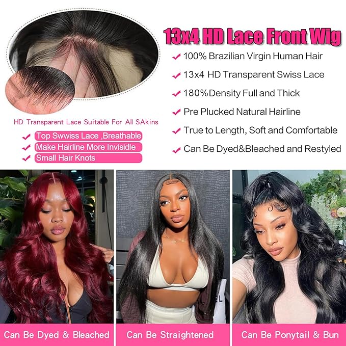 26inch Lace Front Wigs Human Hair 180% Density 13x4 HD Body Wave Lace Frontal Wig 100% Human Hair Glueless Wigs for Women Natural Color