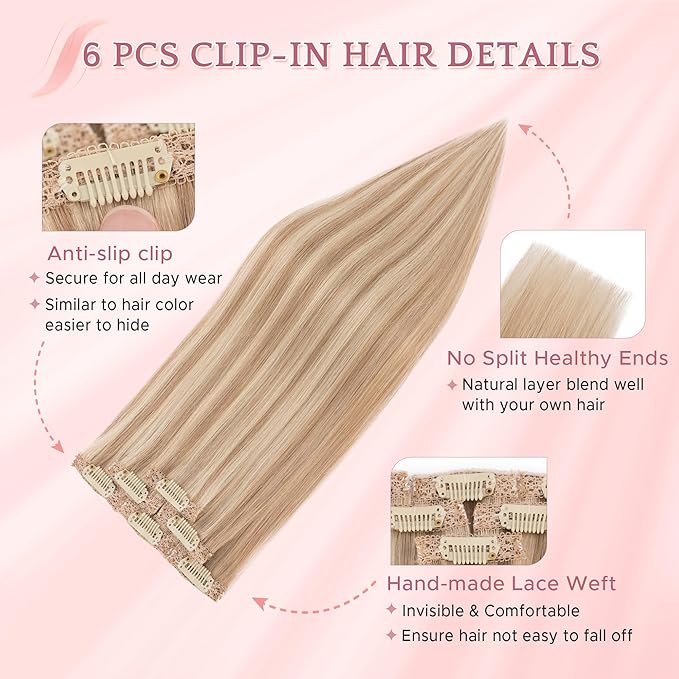 SEGO Single Clip In Hair Extensions Real Human Hair 6 Pcs Individual Clip Ins Highlight Remy Balayage Straight Soft Seamless Hairpieces for Women -14 Inch #12P613 Golden Brown&Bleach Blonde