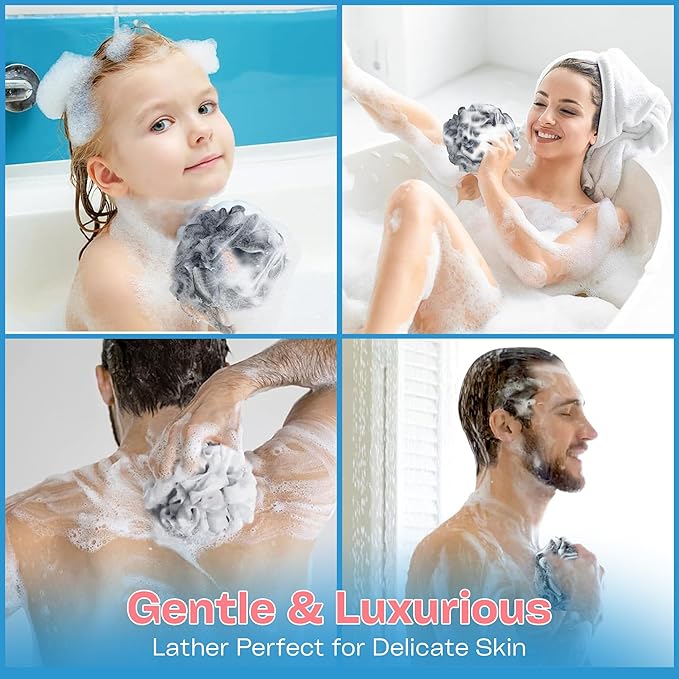 Bath Loofah Sponge Pack of 4-75g Black Color Mesh Shower Pouf for Women & Men, Loofah Exfoliating Body Scrubber & Bath Sponges – Gentle Shower scrunchies for Smooth Skin Care