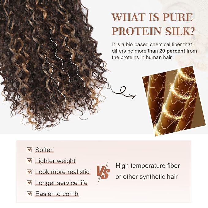 Clip in Hair Extensions, FLUFYMOOZ 4PC 100％ Pure Protein Silk Hair Extensions Long Soft Natural Hairpiece 20 Inch Curly Hair Extension for Women (Brown with Deep Blonde Highlights)