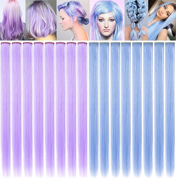 Rhyme Multi-colored Hair Extensions for Kids 21" Colored Clip in Hair Extensions Girls Hair Clips Party Highlights Hair Accessories 12 PCS (Light blue,Light purple)
