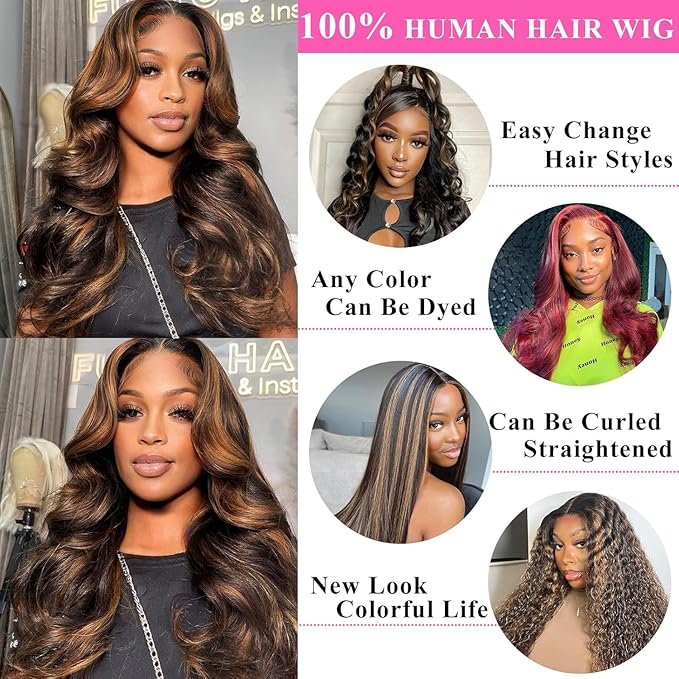 Highlight 13x6 Body Wave Lace Front Wigs Human Hair 22 Inch 1B/30 HD Transparent Lace Frontal Wigs for Women 180% Density Ombre Lace Front Wigs Human Hair Pre Plucked