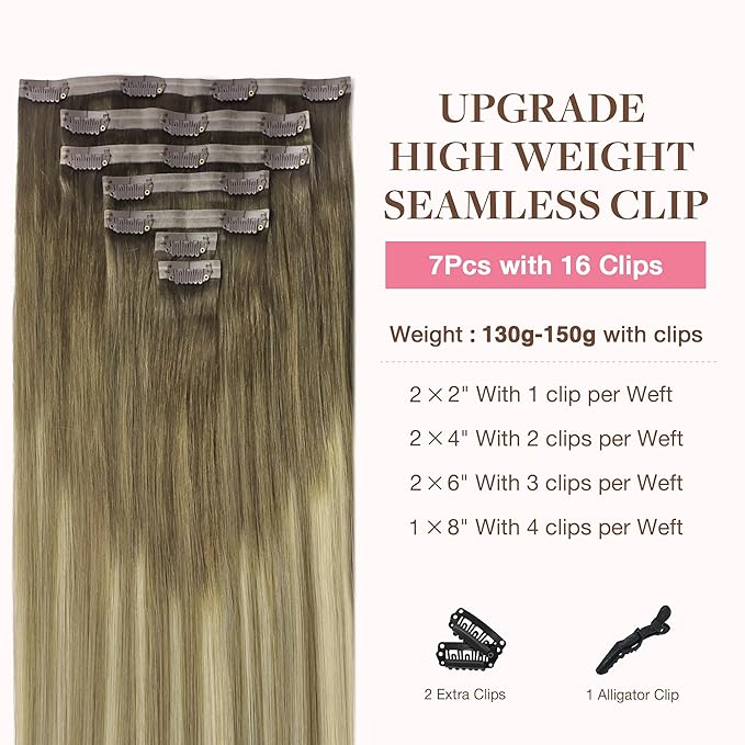 GOO GOO Clip in Hair Extensions Real Human Hair, Remy Human Hair Extensions Clip ins for Women, Natural Human Hair, 16inch 130g 7Pcs, 3/8/613 Balayage Walnut Brown to Ash Brown and Bleach Blonde