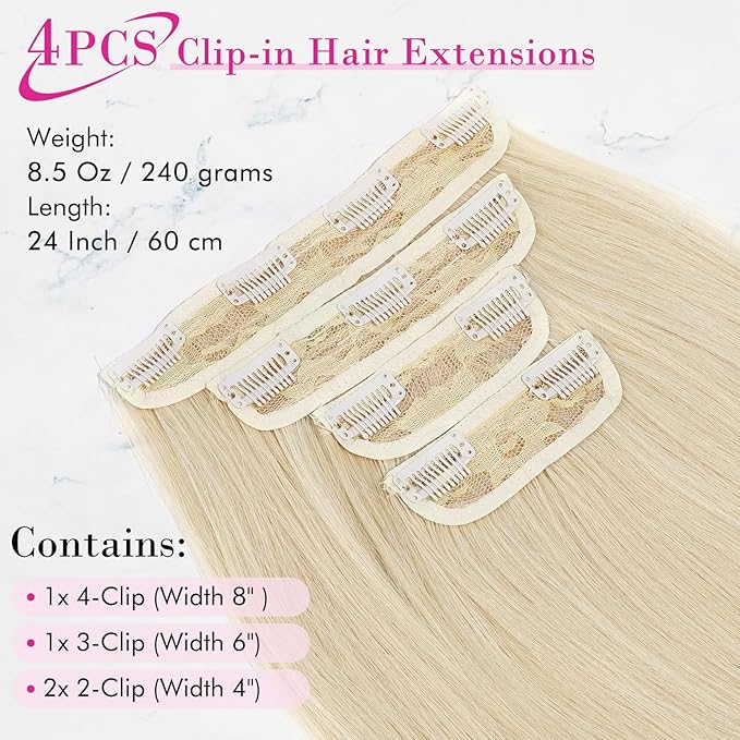 REECHO 24" Straight Long 4 PCS Set Thick Clip in on Hair Extensions - Light Blonde
