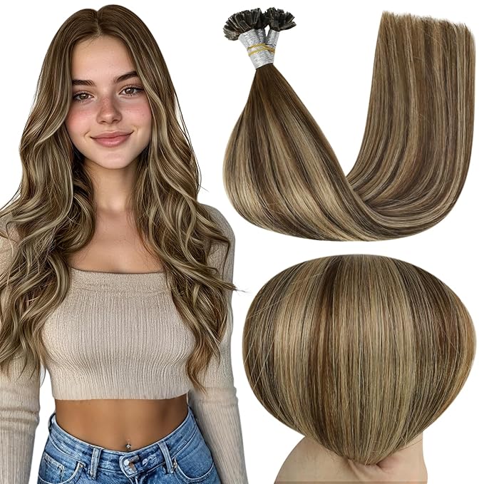Full Shine U Tip Hair Extensions Human Hair Medium Brown Ombre to Blonde and Brown Keratin Tip Hair Extensions Real Human Hair 16 Inch Fusion Extensions 50 Grams for Women