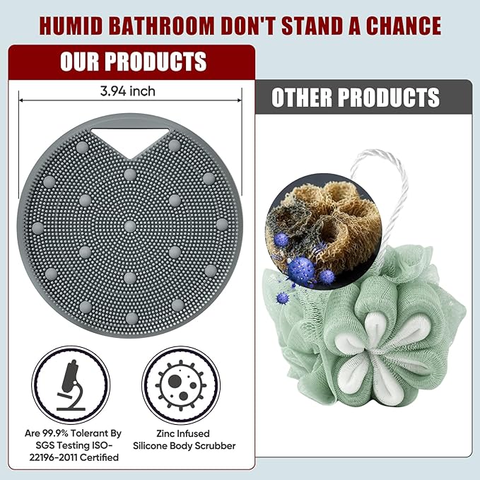 Silicone Body Scrubber for Men Women - Anti Zinc Infused-Exfoliating Body Wash Scrubber,Heavy nodes Deeply Relieve,Vascular plaques,Lymphatic Drainage,Blood Circulation- Gray