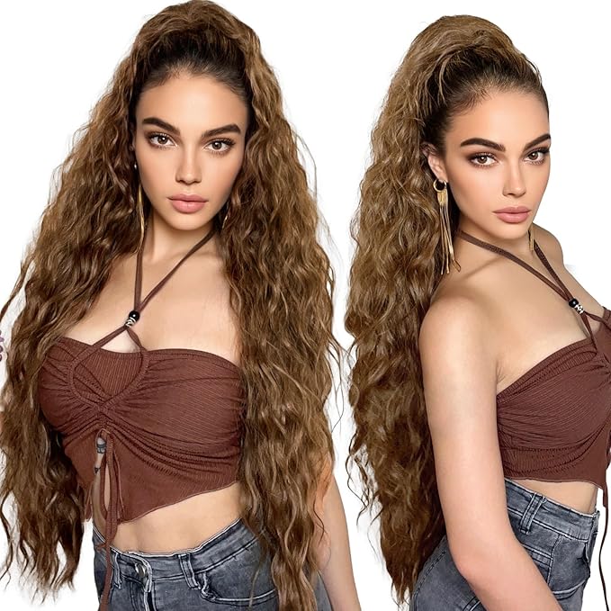 HOOJIH Ponytail Extension, 34 Inch Extra Long Drawstring Ponytail Clip in Pony Tails Hair Extension Flurry Wavy Ponytails Soft Upgraded Synthetic Fiber Fake Ponytail Hairpiece for Women - Mocha Melt