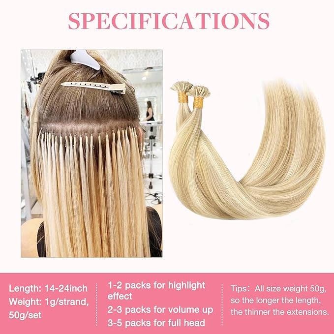 GOO GOO U Tip Hair Extensions Real Human Hair, 16inch 50g 50S, Hot Fusion U Tip Hair Extensions, Invisible Remy Hair Extensions, 18A/613A Dark Blonde Highlighted Bleach Blonde