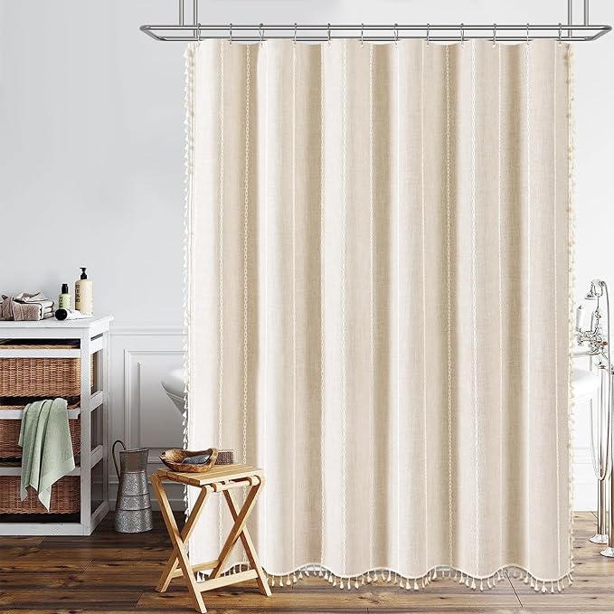 BTTN Stall Shower Curtain - 60x72 Narrow Boho Farmhouse Linen Vintage Striped Fabric Shower Curtain Set with 10 Hooks, Bohemian Cottage Decorative Heavy Duty Shower Curtains for Bathroom - Cream/Beige