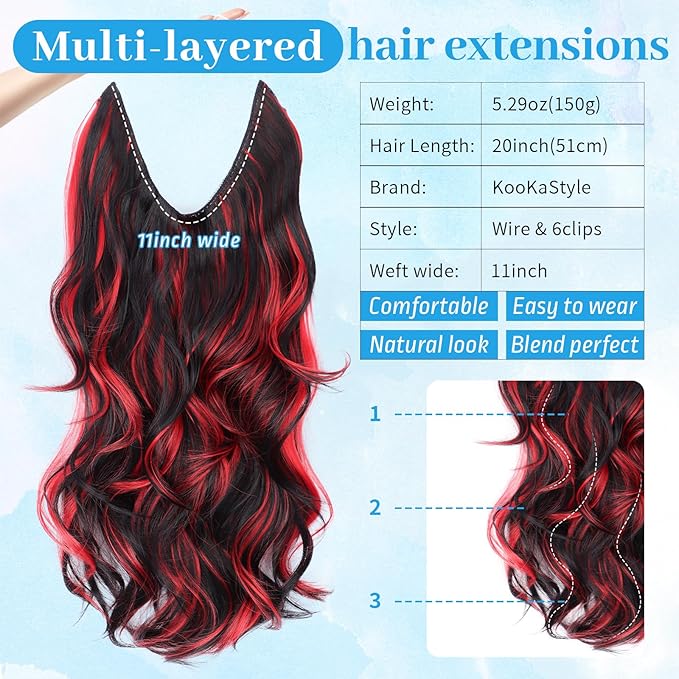 KooKaStyle Invisible Wire Hair Extensions 20"Long Wavy Layered Synthetic Clip in with Adjustable Size 6 Secure Clips Black with Red Highlights Thick Hairpieces for Women 20 Inch