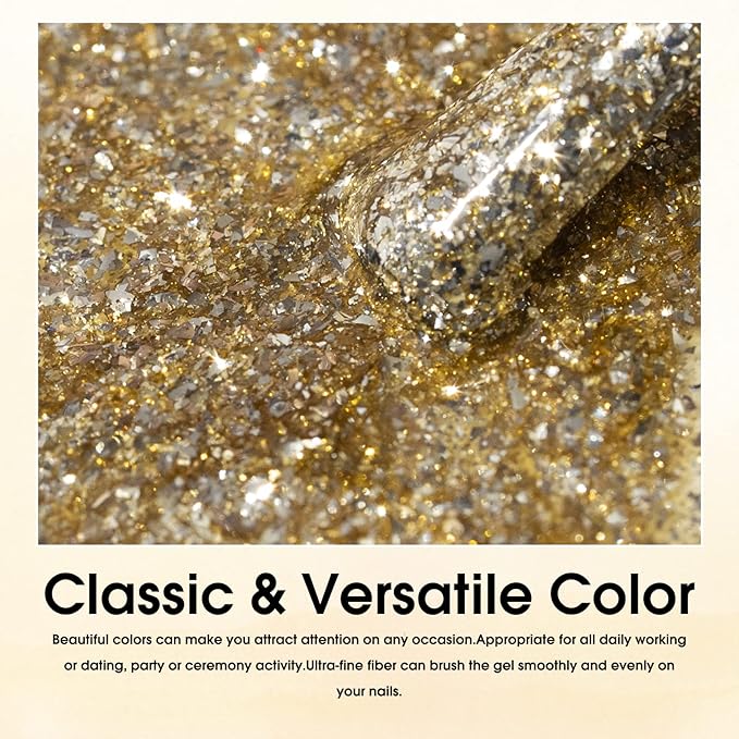 VENALISA Gel Nail Polish, 12ml Gold Glitter Color Soak Off UV LED Nail Gel Polish Nail Art Starter Manicure Salon DIY at Home, 0.43 OZ