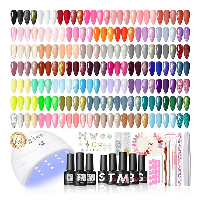COSCELIA 73pc Gel Nail Polish Kit with U V light, 60 Bottles Gel Nail Polish and Soak off Top Base Coat Fall Colors Enchantment Collection Glitter Nail Rhinestones Gel Manicure Starter Kit DIY Gifts
