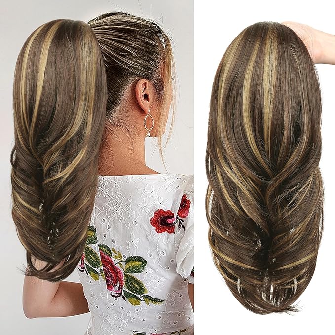SEIKEA Versatile Drawstring Ponytail Extension, 18" Long Wavy Multi Layered Clip in Ponytail Hair Extensions Stand Up High Fake Pony Tail Soft Natural Synthetic Hairpiece Chocolate Brown Highlights