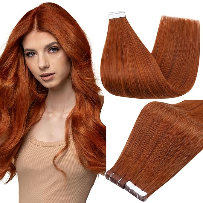 Full Shine Hair Extensions Human Hair Color 550 Copper Tape in Extensions Human Hair 24Inch Remy Seamless Extension 50Gram 20Pcs Natural Straight Skin Weft for Party Brazilian