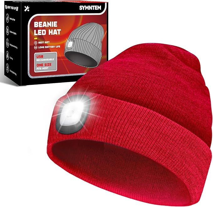 Unisex Beanie Hat with Light, Rechargeable Headlight Cap, Stocking Stuffers for Men, Cool Gadget Gifts for Him, Birthday Gifts for Women, Gifts for Him, Red