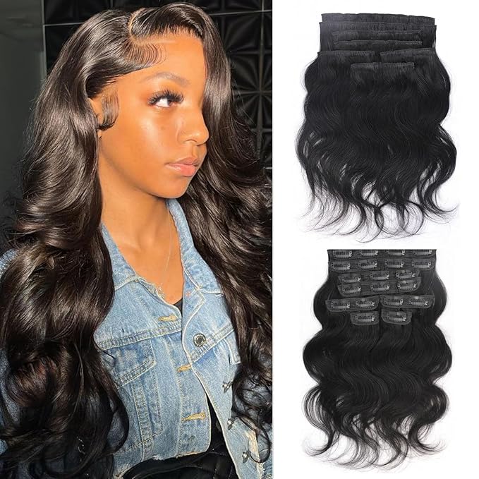 Body Wave Brazilian Clip in Hair Extensions Human Hair 8Pcs Remy Hair Extensions Clip ins for Black Women with 20 Clips 110g (20 Inch, Natural Black)