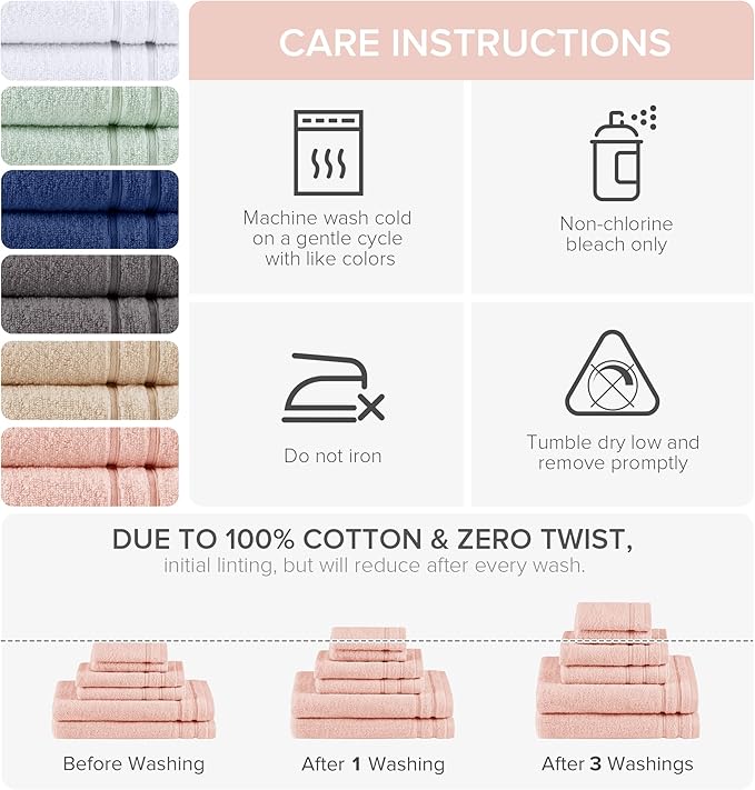 Comfort Spaces Luxury Bath Towel Set - 6 Piece - 2 Bath, 2 Hand, 2 Washcloth - Pink - Cotton - Quick Dry - Soft - Lightweight - Blush