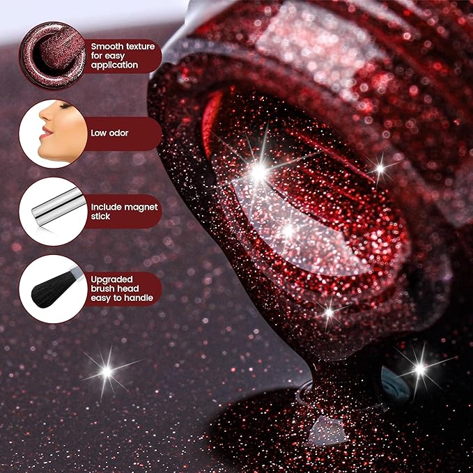 YTD Likomey Cat Eye Gel Nail Polish Set,Fall Winter 8 Colors Crystal Magnetic Glitter with Magnet Stick Kit,Silver Green Blue Black Champagne Gold Brown Plum UV Color Varnish,0.25 Fl Oz 7.5 ml