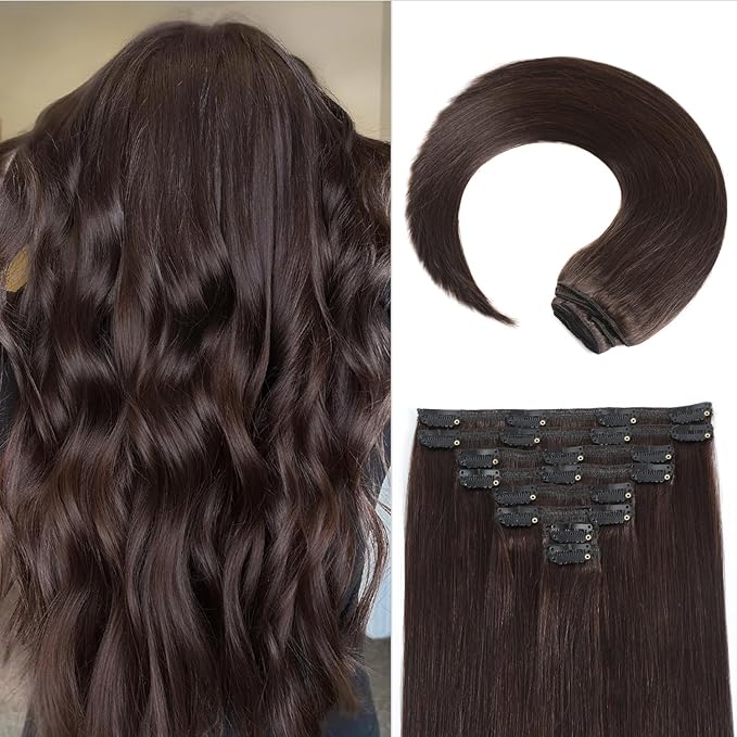 Dark Brown Clip in Hair Extensions, 22 Inch 110g, 2 Dark Brown Hair Extensions Real Human Hair, Invisible Seamless Remy Human Hair Clip Extensions for Women 8pcs Per Set with Double Weft