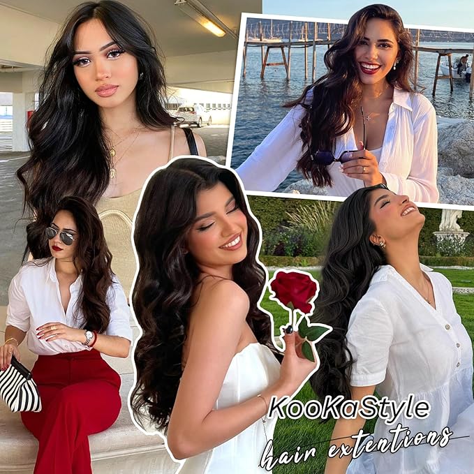 KooKaStyle Clip in Hair Extensions for Women,7PCS 16 Inch Dark Brown Hair Extensions Clip Ins Soft and Natural Hair Pieces for Women Thick Long Wavy Hair