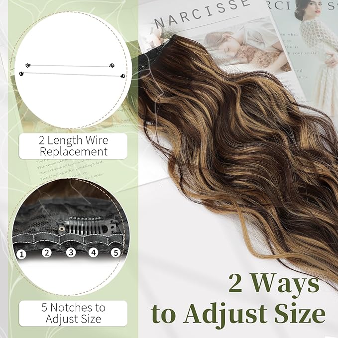 KooKaStyle Invisible Wire Hair Extensions with Transparent Wire Adjustable Size 4 Secure Clips Long Wavy Secret Synthetic Hairpiece for Women(24 Inch P6A/26#Chestnut Brown with Blonde Highlights)