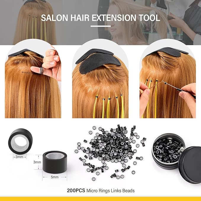 Gomake Microlinks Hair Extensions Kit, Hair Extension Closer and Removal Pliers, Micro Beads Pulling Hook & Microbead Loop Tool, Micro Links Silicone Rings Bead 200PCS(Black)