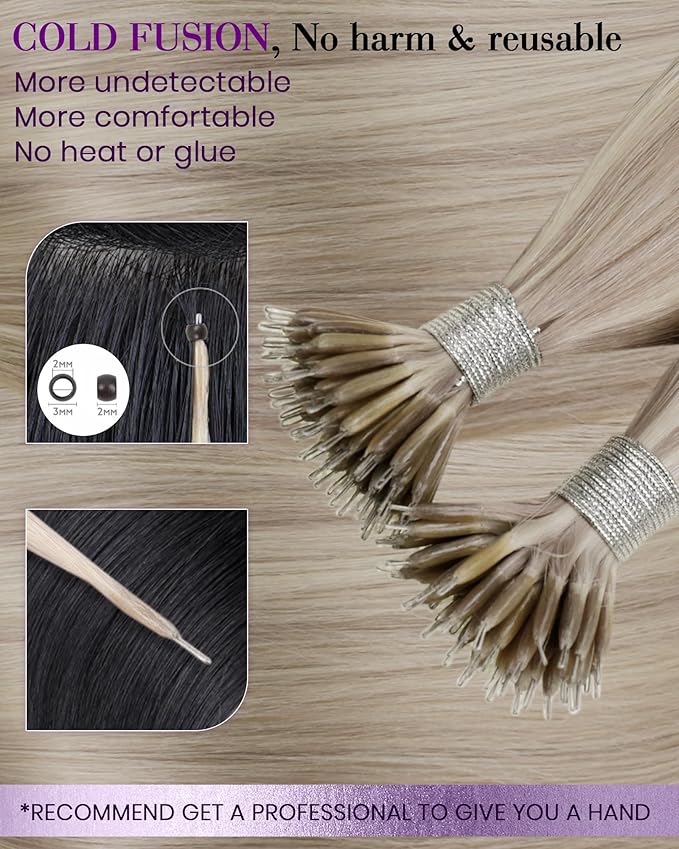 LaaVoo Nano Bead Hair Extensions Human Hair Blonde Highlight Nano Ring Extensions Ash Blonde with Bleach Blonde Nano Tip Hair Extension Real Human Hair Blonde 50s 50g 20 Inch