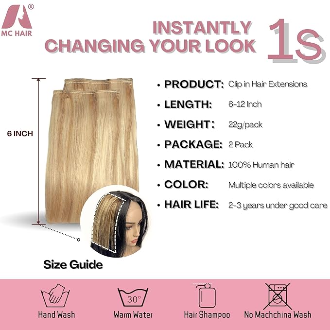 2 Pcs Short Clip in Hair Extensions, Human Hair Clip in Extensions for Women 12 Inch Honey Brown and Bleach Blonde