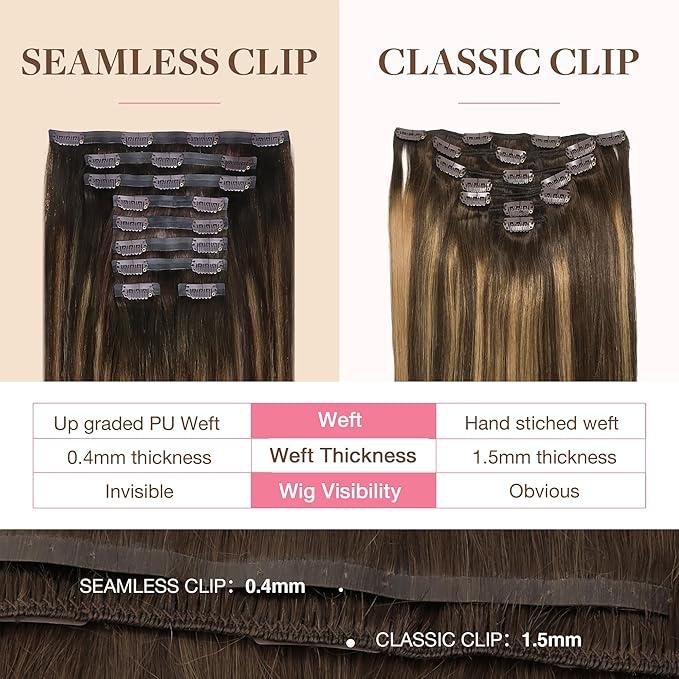 GOO GOO Clip in Hair Extensions Real Human Hair, Remy Human Hair Extensions Clip ins for Women, Natural Human Hair, 18inch 170g 9Pcs, #4/27/4 Balayage Chocolate Brown to Caramel Blonde
