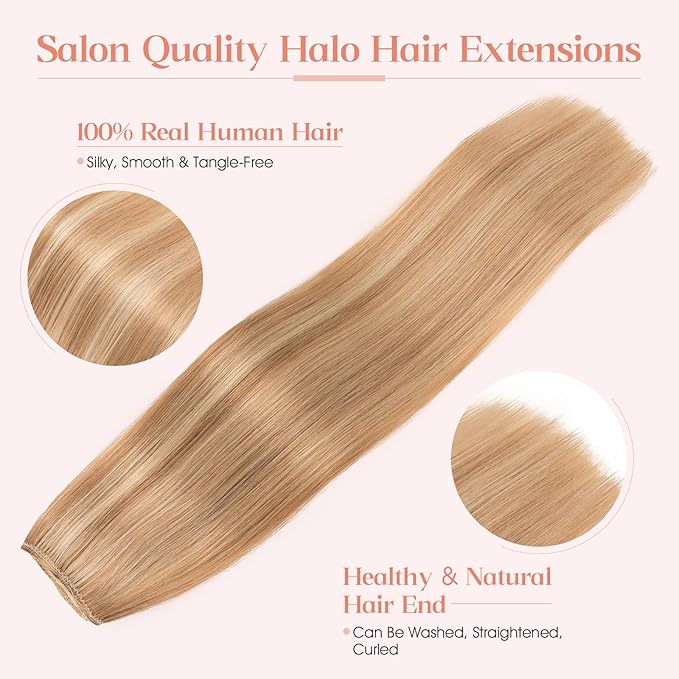 Hairro Wire Hair Extensions Human Hair, Fish Line Invisible Adjustable & Clips in Extensions Straight, 100% Real Hairpieces Seamless Blending for Women, 20 Inch 100g Golden Brown Mix Bleach Blonde