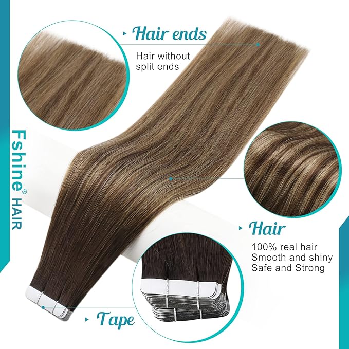 Fshine Tape in Hair Extensions Remy Human Hair,Balayage Medium Brown with Platinum Blonde, 12 Inch 30 g, Silky Straight with Thick Ends,Designed to Boost Volume & Length