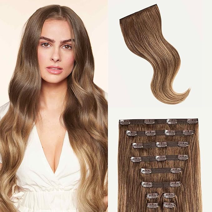 Luxy 100% Remy Human Hair, Classic 160g Clip-In Hair Extensions - 10 Wefts Multi-Dimensional Color for Natural Blending, Adds Volume & Length, Easy Apply & Remove 20" Chestnut Brown Balayage
