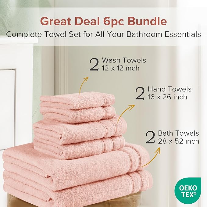 Comfort Spaces Luxury Bath Towel Set - 6 Piece - 2 Bath, 2 Hand, 2 Washcloth - Pink - Cotton - Quick Dry - Soft - Lightweight - Blush