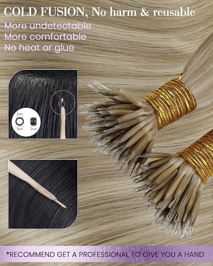 LaaVoo Nano Bead Hair Extensions Human Hair Ash Blonde Highlight Blonde Nano Hair Extensions Human Hair Highlight 50g 50s 16 Inch