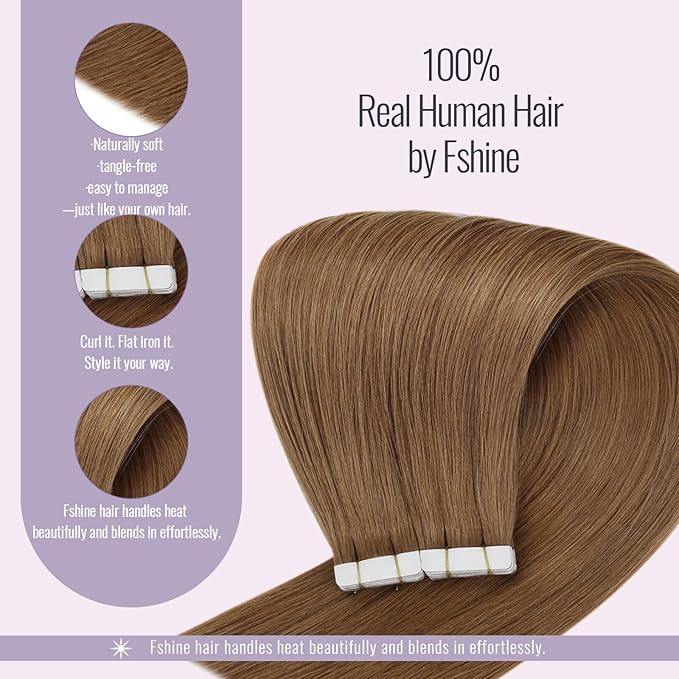 Fshine Seamless Invisible Tape in Hair Extensions Human Hair Color 330 Auburn Human Hair Extensions 16 Inch Real Human Hair Tape in Extensions 50g Hair Extension for Women 20Pcs