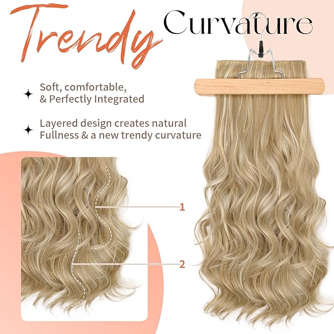 Kookastyle Clip in Hair Extensions, Natural Long Layered Soft Invisible Synthetic Curly Hairpieces for Women,4 pcs(20 Inch,Beach Blonde)