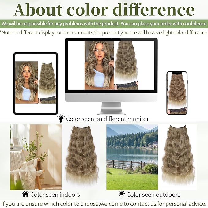 KooKaStyle Invisible Wire Hair Extensions with Transparent Wire Adjustable Size 4 Secure Clips Long Wavy Secret Synthetic Hairpiece for Women(24 Inch 10T613#Ash Brown mix Bleach Blonde)