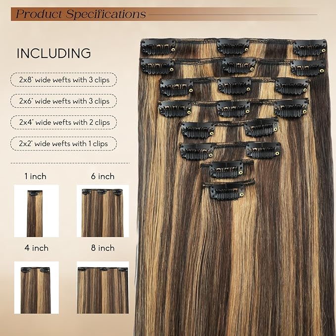 Clip in Hair Extensions Real Human Hair 22inch 8pcs 110g Seamless Balayage Dark Brown Hair Extensions Clip Ins Double Weft Dark Brown Highlight Chestnut Brown Invisible Straight Remy Human Hair