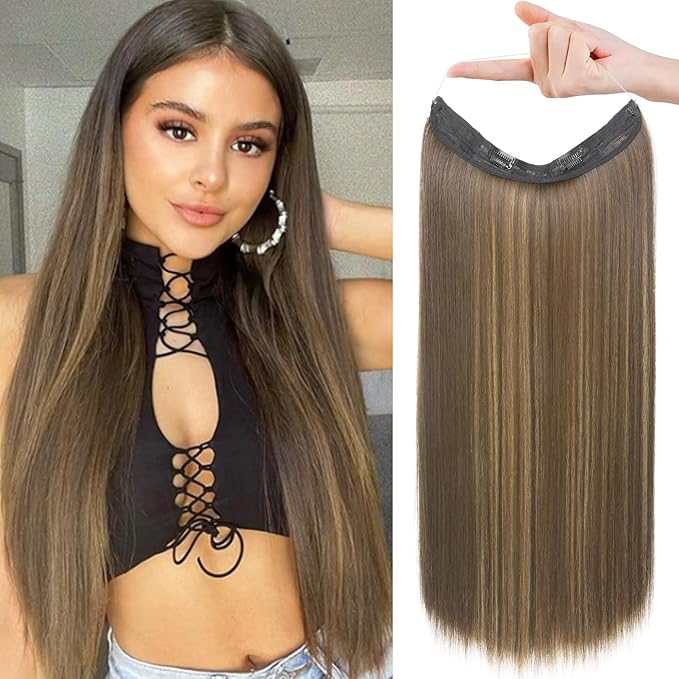 REECHO Invisible Wire Hair Extensions with Transparent Headband Adjustable Size Removable Secure Clips in Straight Secret Hairpiece for Women (20 Inch (Pack of 1), Chocolate Brown with Highlights)