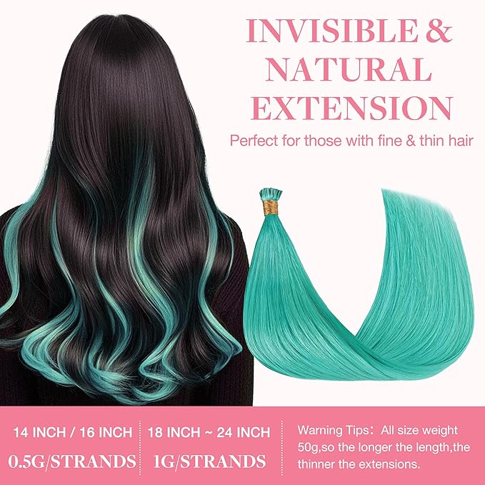 GOO GOO Colored I Tip Hair Extensions, Real Human Hair, 14inch 50g 100S, Cold Fusion, Invisible Remy, Teal Green