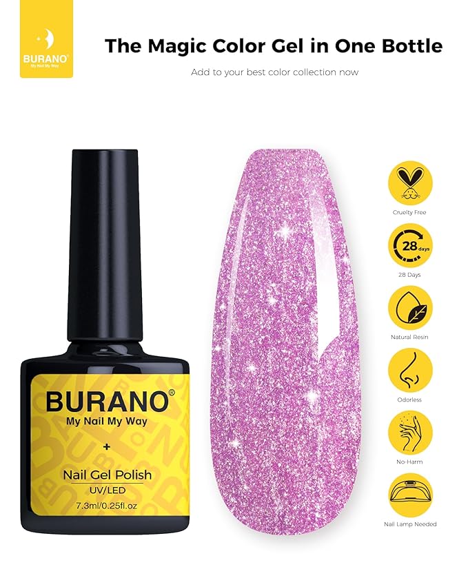 BURANO Glitter Gel Nail Polish, LED UV Nail Gel, Shimmer Holographic Effect, Soak off, No Chip Sparkle, Home DIY Nail Salon (Light Pink LP57)