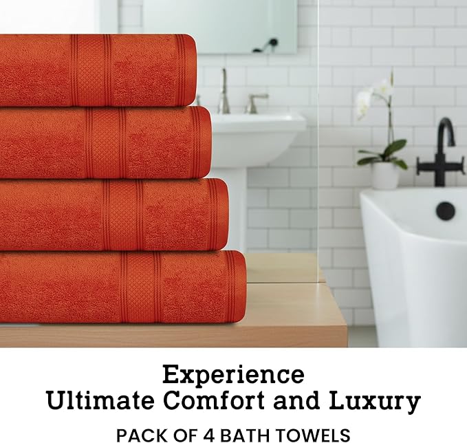Casa Lino Coral Orange Bath Towels Set of 4 (54" x 27") - Large Bathroom Towel Set - 100% Cotton Towels for Bathroom - Highly Absorbent & Quick Dry Bath Towel Multipack - New Apartment Essentials